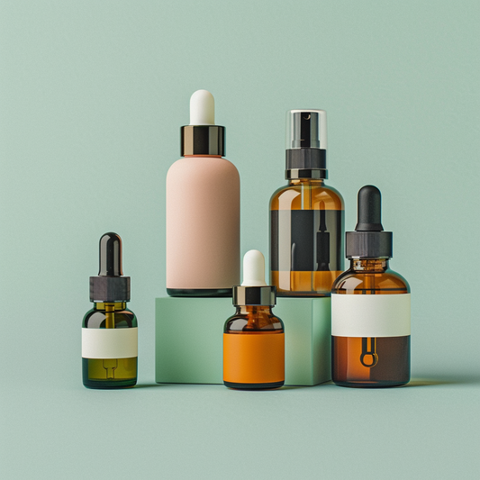 Amber-colored serum bottles lined up on a shelf, formulated for acne-prone skin care routines